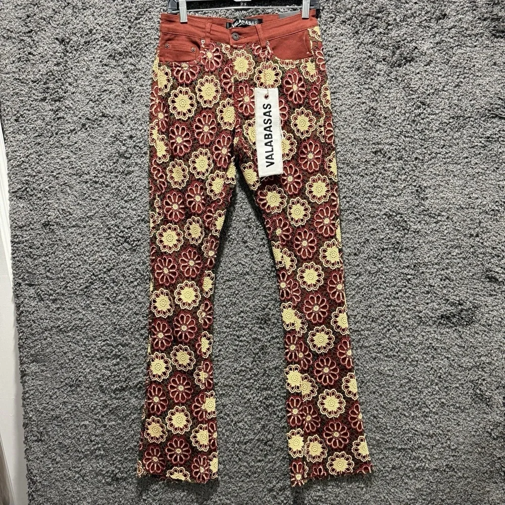 VALABASAS Honeycomb Stacked Flare Jeans Embroidered Streetwear Mens  29